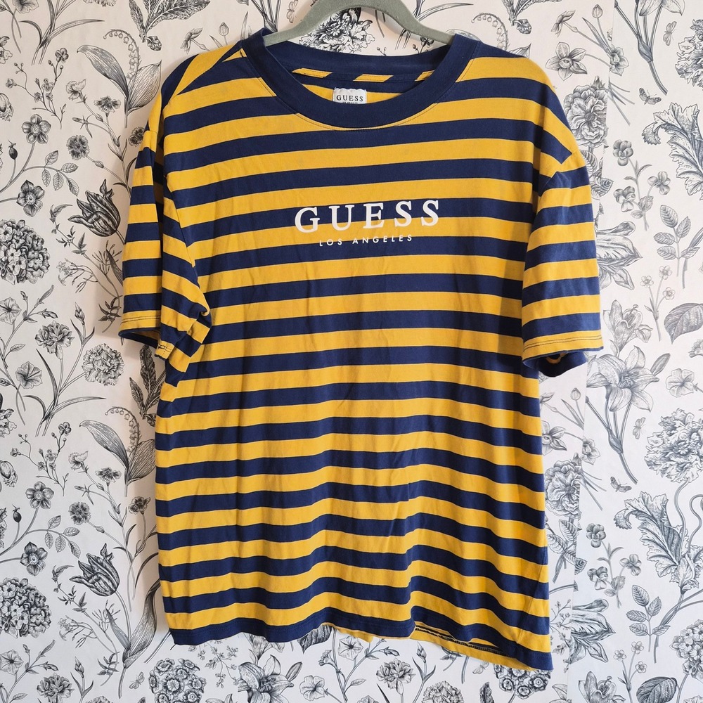 Guess Los Angeles Mens Medium Striped Tee Yellow Navy Retro 90s Color block